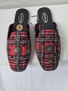 Atalina Red Plaid Embellished Mules Loafers - Size 8